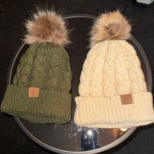 Cozy Knit cuffed Pom-Pom Beanies - LOT of two Green and Cream